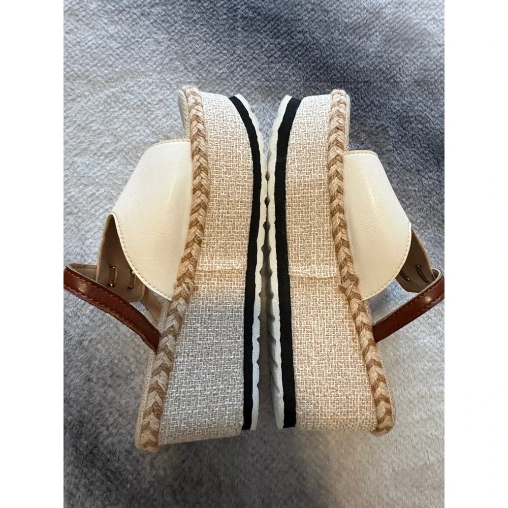 Cream Brown Espadrille Platform Wedge Sandals Mules Size 9 CN 41 Summer Boho